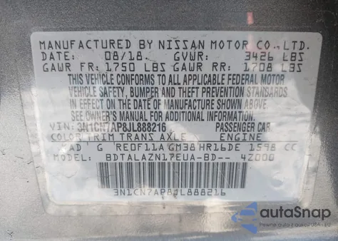 2018 Nissan Versa 1.6 S+ z USA, uszkodzony, nr VIN 3N1CN7AP8JL888216